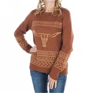 Cotton & Ryle Western Longhorn Sweater Rust Brown XL Cowgirl